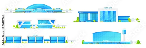 Airport glass facade terminal building icons, airplane runway and passenger terminal infrastructure. Vector isolated airport icons, public transport bus, metro and taxi cars