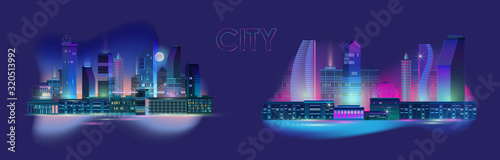 Night city panorama with neon glow on blue background. Vector set.