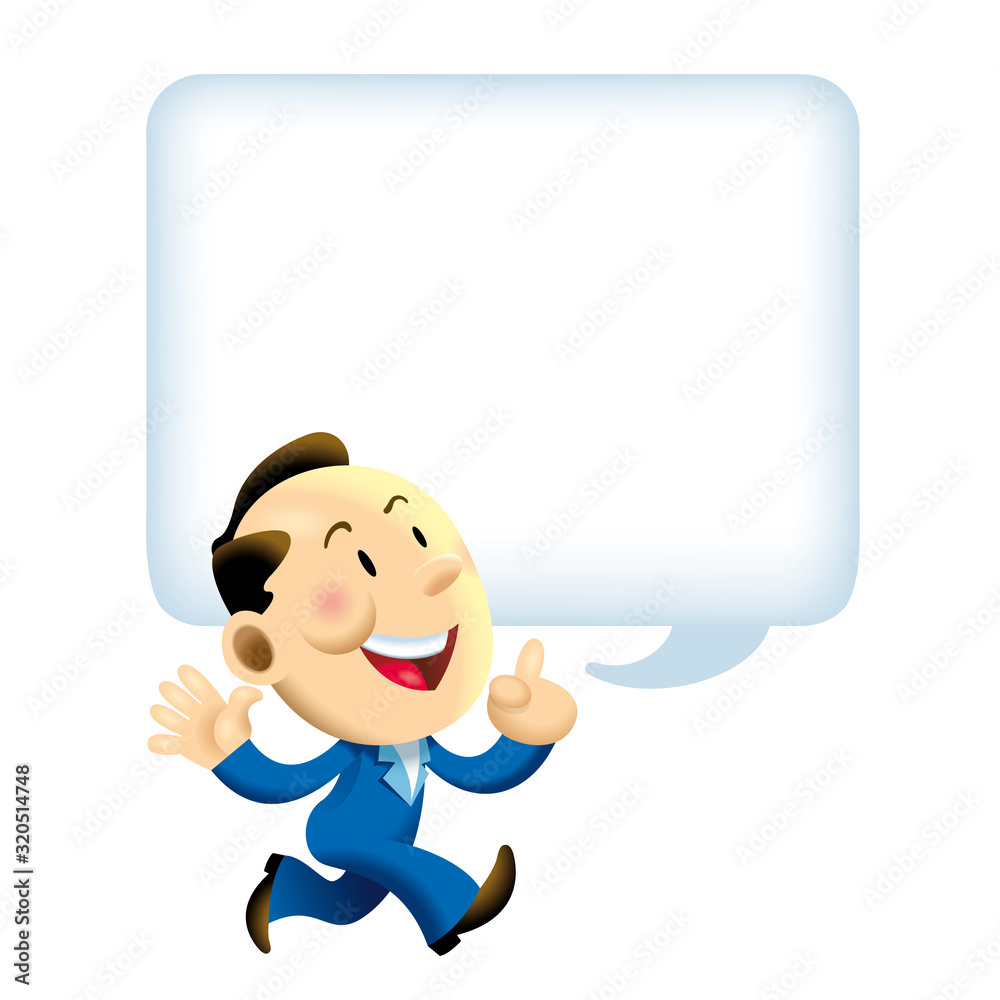 A business man talking while walking with a big speech bubble for text area