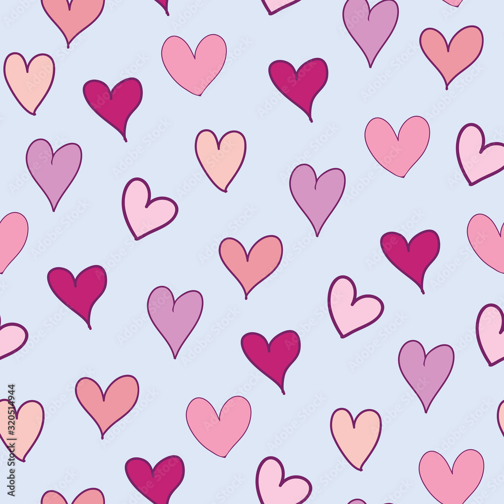 Pink hearts seamless pattern on pastel purple background