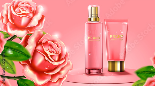 Luxury cosmetic Bottle package skin care cream, Beauty cosmetic product poster, with Rose and pink color background