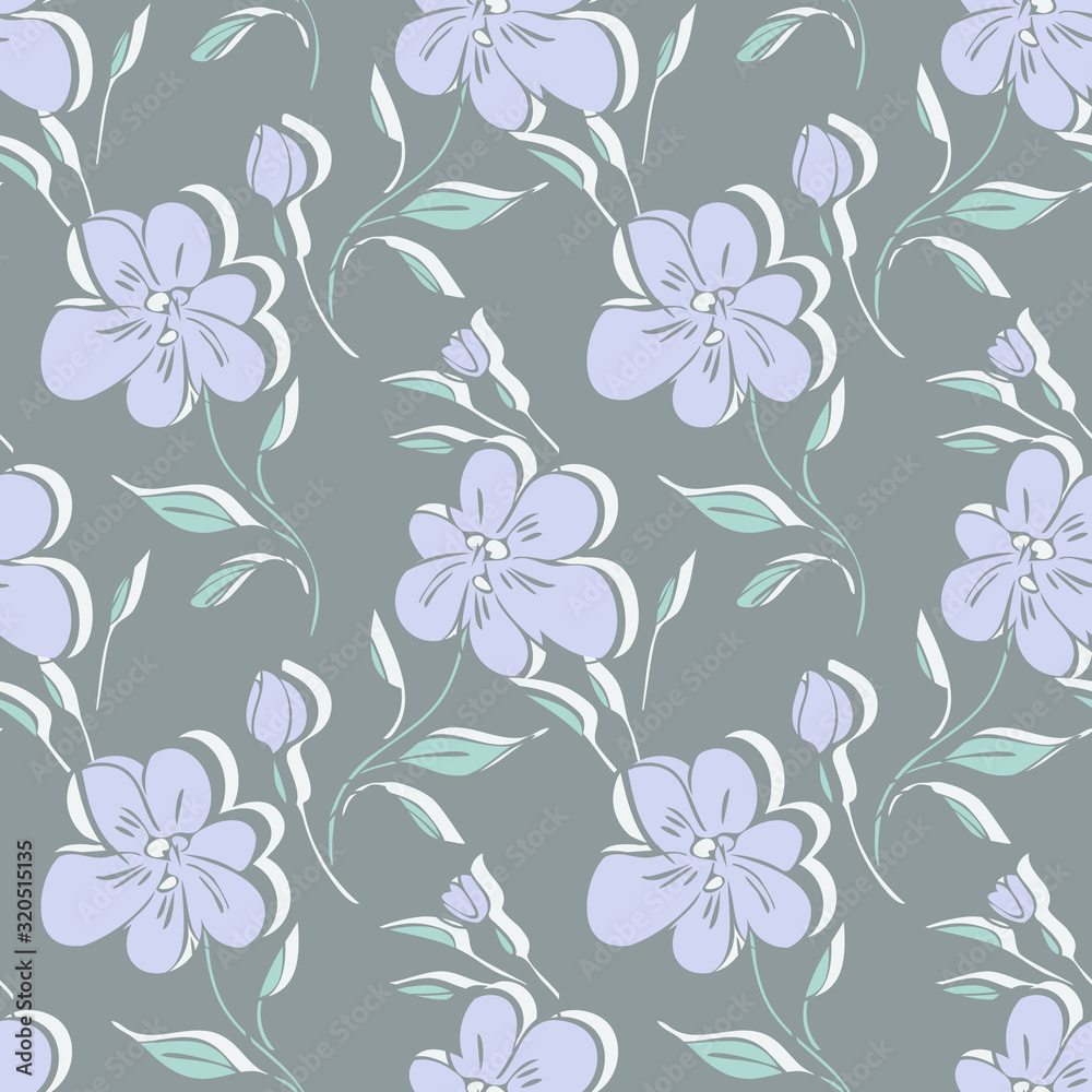 Blue Flowers Seamless Pattern. Hand Drawn Vector Background.