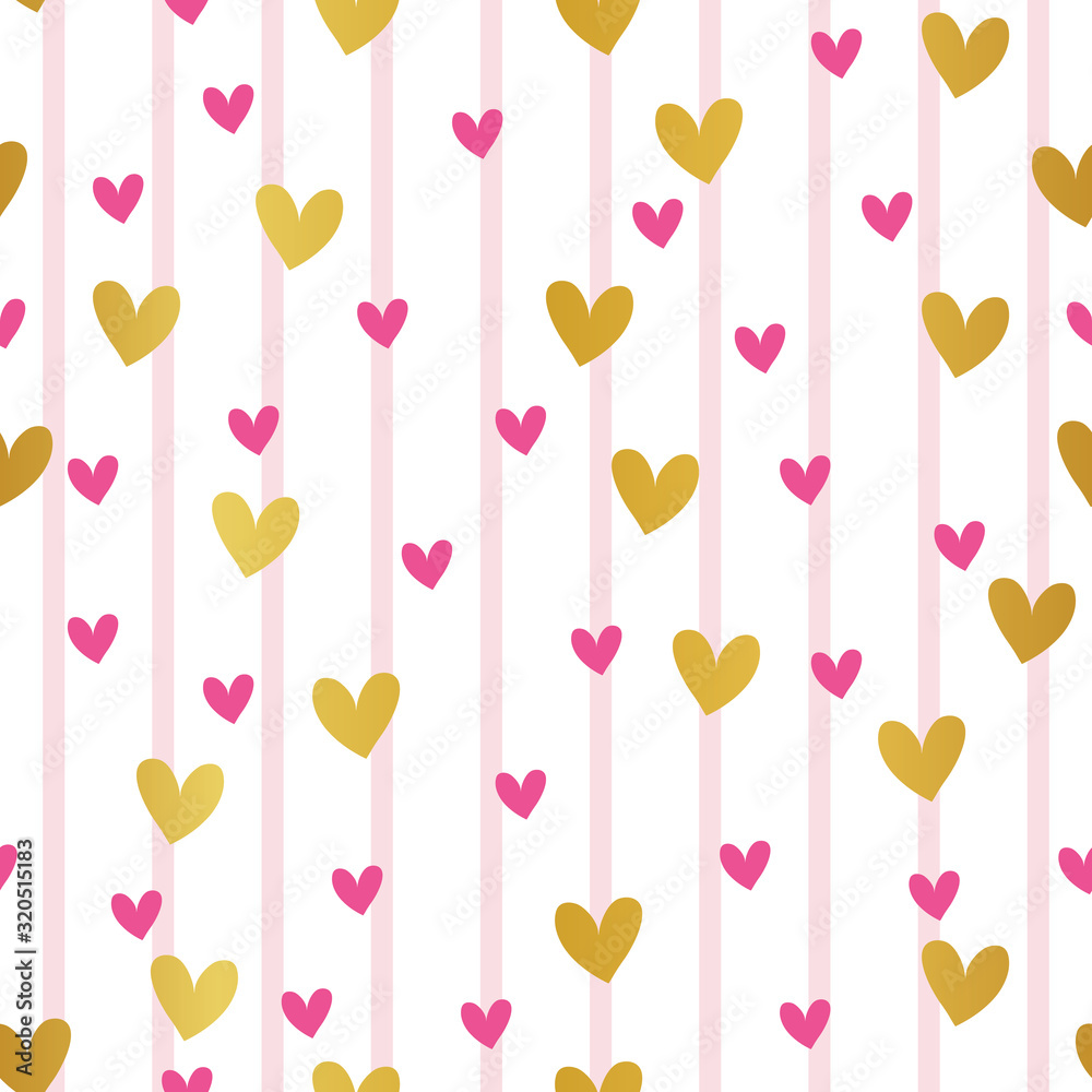 Seamless pink and golden hearts on horizontal stripes