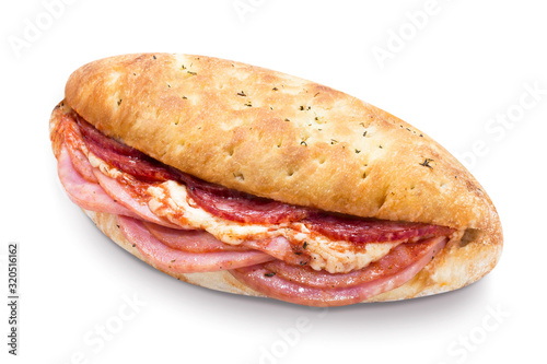 Delicious fokaccia bread with ham, bacon, salami, mozzarella and tomato sauce, isolated on white background