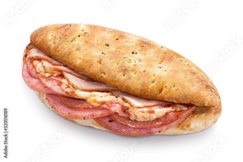 Delicious fokaccia bread with ham, bacon, mozzarella and tomato sauce, isolated on white background