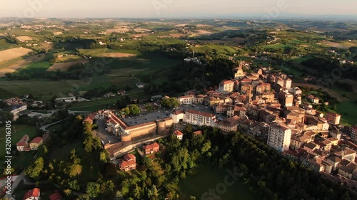 Drone aerial view of Moncalvo, Monferrato, unesco world heritage. Slow motion