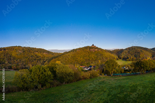 Panoramic view of Nideggen castle in Eifel, Germany. Drone photography.