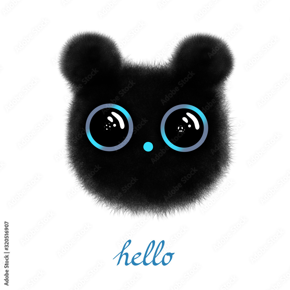 Fototapeta premium Cute Black Baby Bear with Big Blue-Black Eyes. Lovely Nursery Art with Funny Bear Isolated on a White Background. Lovely Illustration for Card, Invitation, Wall Art, Baby Shower, Room Decoration.
