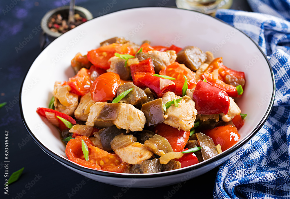 Chicken stir fry. Meat stew with vegetables sweet pepper, onion, tomato, eggplant in soy sauce gravy. Ketogenic diet. Chicken stir fry. Meat stew with vegetables sweet pepper, onion, tomato, eggplant in soy sauce gravy. Ketogenic diet.