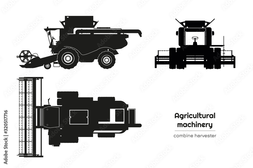 Black silhouette of combine harvester. Side, front and top view of