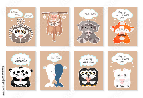 Valentine's day greeting card set with cute animals. Hugging lemurs, sloths, raccoons, foxes, pandas, whales, penguins, polar bears. I love you. Be my Valentine. Vector illustration