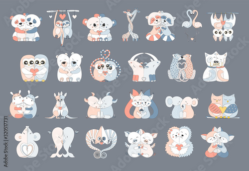Cute set of cartoon Hugging animals stickers. Loving couple animals. Vector illustration