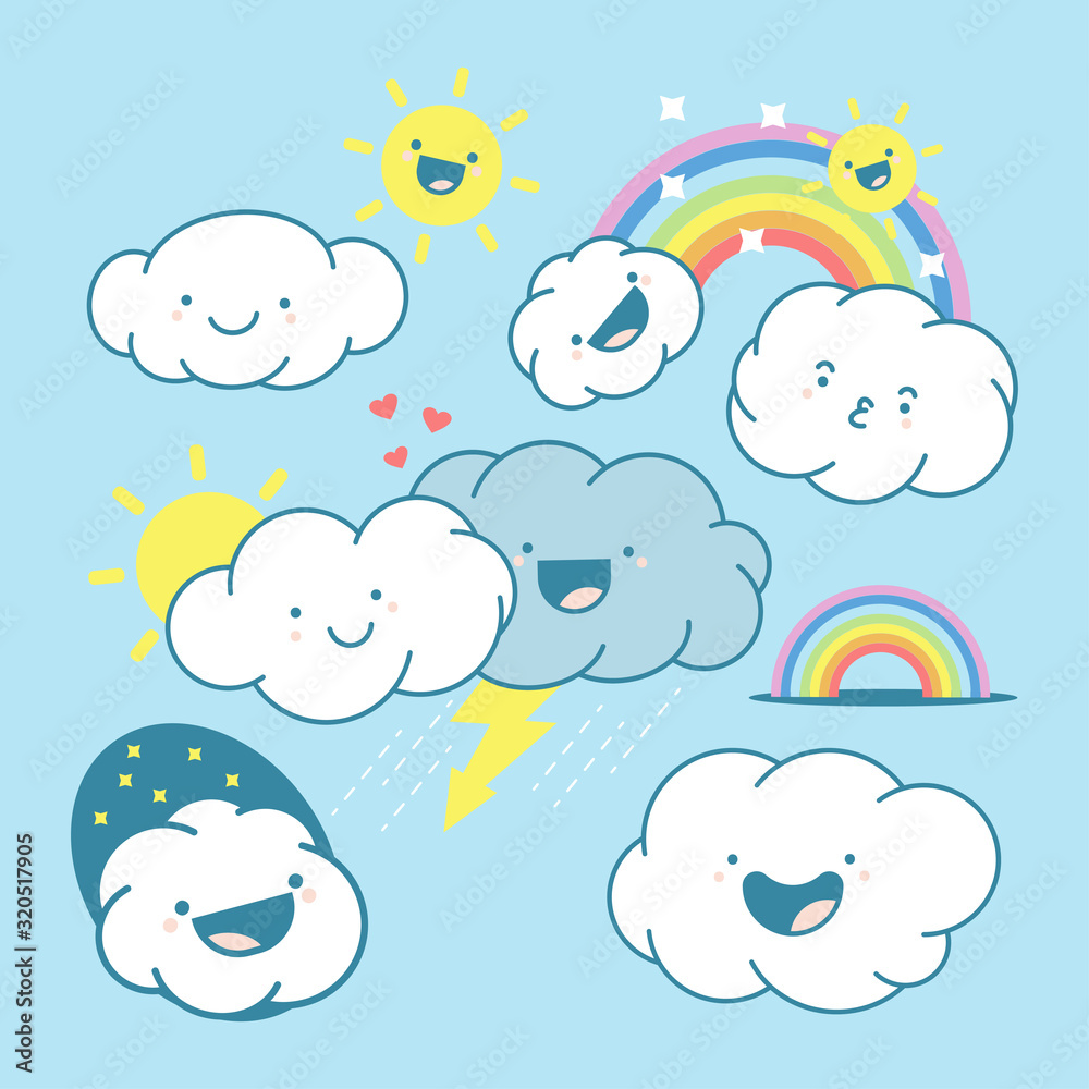 Cute cloud, sun and rainbow vector cartoon characters set isolated on a ...