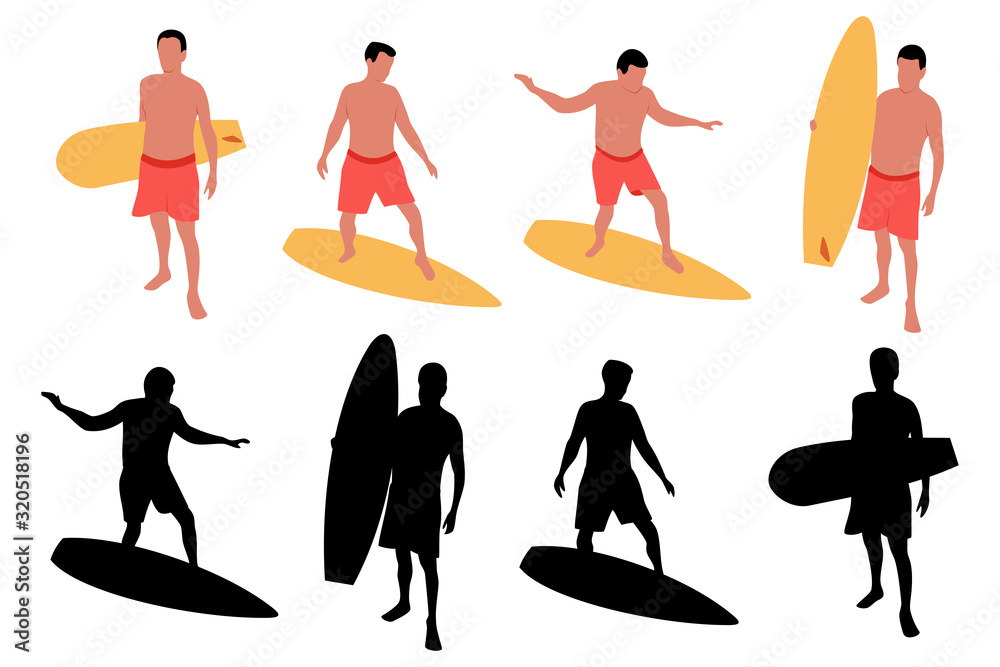Surfer with surfboard vector cartoon illustration and black silhouette set isolated on a white background.