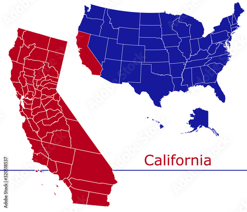 California counties vector map with USA map colors national flag