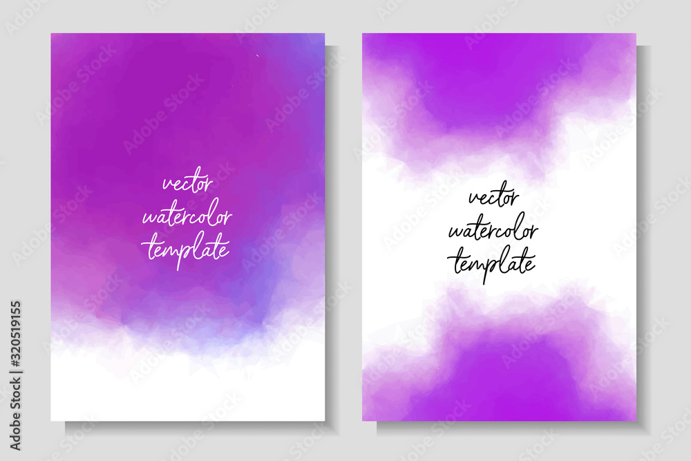 Elegant watercolor templates with violet stains. A4/A5 layouts for invitations, cards, posters, flyers. Vector illustration