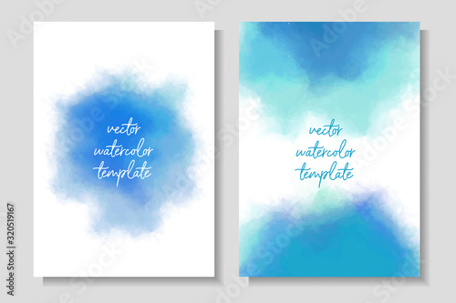 Fun watercolor templates with bright blue stains. A4/A5 layouts for invitations, cards, posters, flyers. Vector illustration