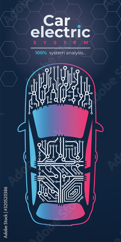 Template for computer diagnostics of the electrical system of the car. Circuit diagram of a car in the form of a PCB on a dark background.
