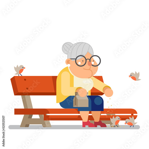 Grandmother feeding birds on outdoor park bench old lady character design flat vector illustration