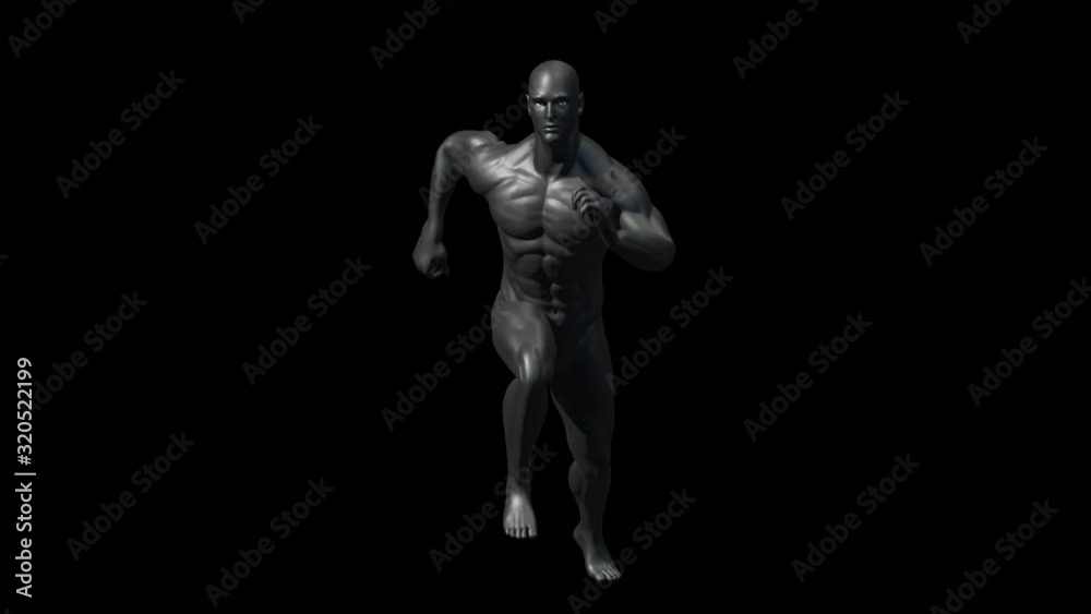 Minimalist back futuristic seamless animation of a muscular man running isolated with alpha channel. Dark glossy elegant background of humanoid or artificial intelligence concept. Minimalist back futuristic seamless animation of a muscular man running isolated with alpha channel. Dark glossy elegant background of humanoid or artificial intelligence concept.