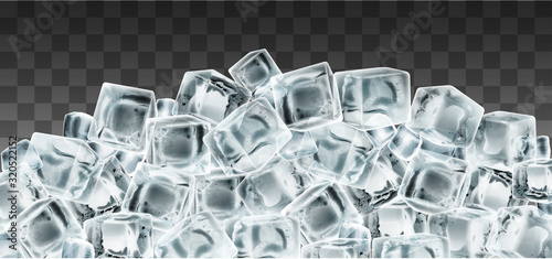 Many cubes of pure transparent ice. Highly realistic illustration.