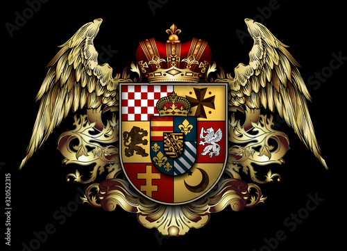 Heraldic shield with a crown and wings  on a black background. High detailed realistic illustration