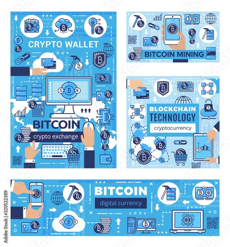 Bitcoin cryptocurrency mining, blockchain technology and cryptocoin money exchange. Vector bit coin payment, digital currency traction market, online bank trade and ICO web finance