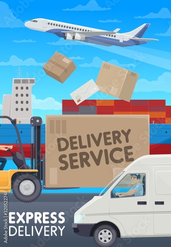 Mail delivery, logistic and freight transportation service. Vector post office shipping transport, avia and Maritime cargo with containers, courier or mailman with parcels and envelope letter delivery