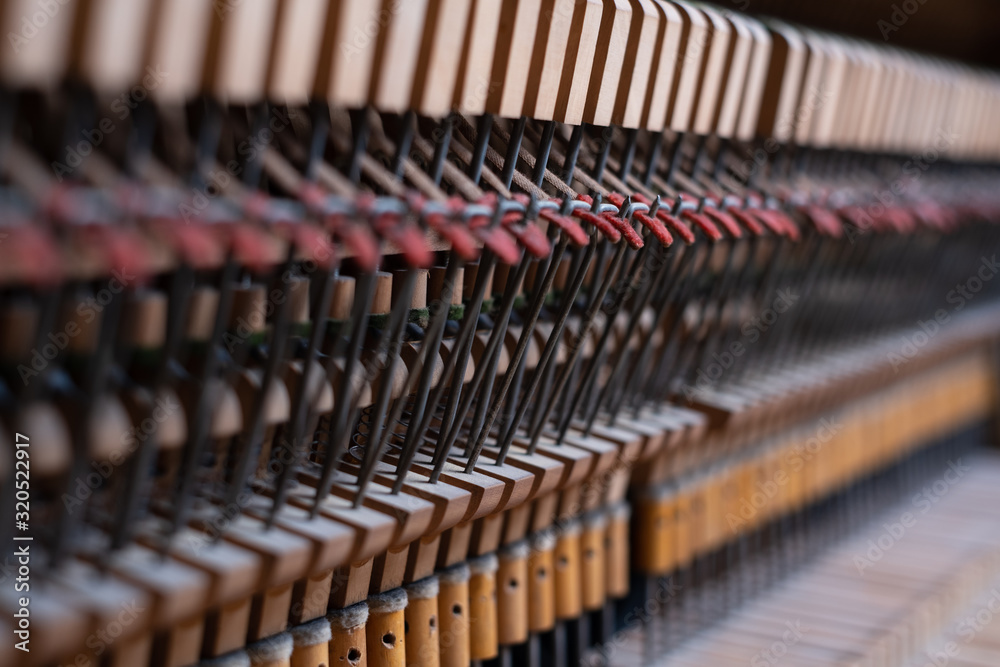Сlose up of a piano keyboard. Strings, hammers and pegs in an old piano. Selective focus Сlose up of a piano keyboard. Strings, hammers and pegs in an old piano. Selective focus
