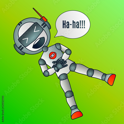 robot ha-ha emoticon with a funny laughing laugh bot with antennas and a helmet that lies on the lawn and holds on to his stomach, vector color illustration