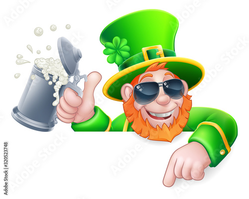 A Leprechaun St Patricks Day cartoon character wearing cool sunglasses. Holding a drink peeking over a sign and pointing at it