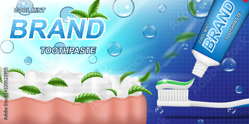 Fresh mint toothpaste ads, mint leaves background. Tooth model and product package design for dental care poster or advertising. 3d Vector illustration.
