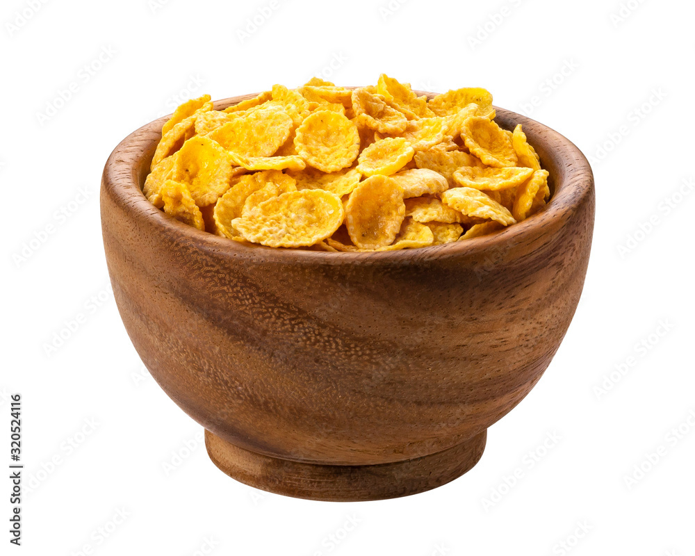 Corn flakes in wooden bowl isolated on white background Corn flakes in wooden bowl isolated on white background