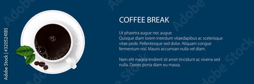 Banner of cup of coffee with coffee grains and sheets, vector illustration