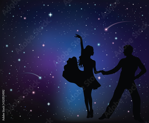 Silhouettes of couple dancing. Night sky and stars on the background. 