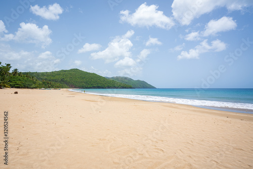 Fototapeta Naklejka Na Ścianę i Meble -  A view of tropical beach with sea, sand and blue sky,during the day on a public beach in Rincon Beach,Samana peninsula, Dominican Republic