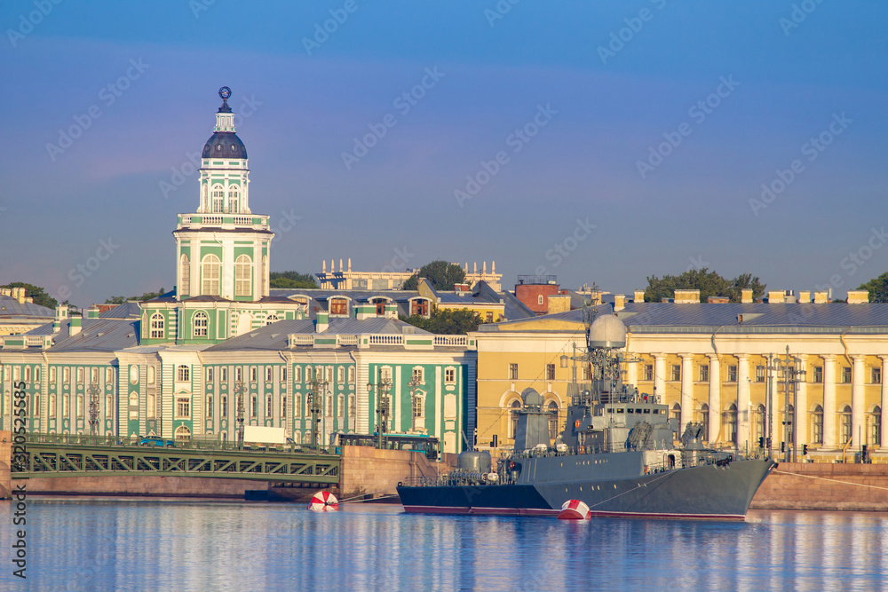 Saint Petersburg. Russia. Vasilievsky island. Rivers Of St. Petersburg. The River Neva. The warship is moored on the Neva. Kunstkammer. View of Vasilievsky island on a summer day. Travel to Russia.