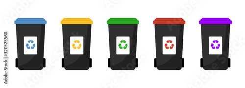 Garbage cans vector flat illustrations. Sorting garbage. Ecology and recycle concept. Black recycle trash bins isolated on white background.