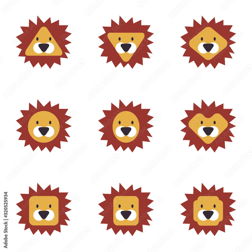Set of flat lion icons, geometrical shapes, cute cartoon lion set Set of flat lion icons, geometrical shapes, cute cartoon lion set