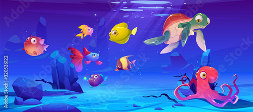 Underwater sea life. Vector cartoon illustration of ocean animals and fish. Undersea landscape with cute octopus, turtle and different fish. Funny aquatic creatures © klyaksun