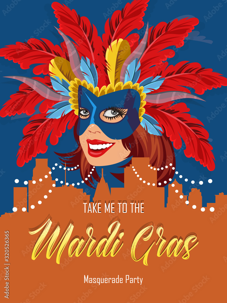Vector colorful poster to traditional carnival Mardi Gras in New Orleans with mask, harlequin, fireworks, lights, and parade