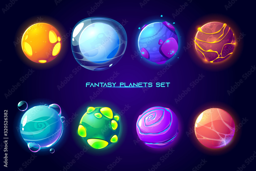 Fantasy space planets for ui galaxy game. Vector cartoon icons set of magic alien world, fantastic cosmic objects with bubbles, ice cover, holes and spiral. Fantastic astronomy collection Fantasy space planets for ui galaxy game. Vector cartoon icons set of magic alien world, fantastic cosmic objects with bubbles, ice cover, holes and spiral. Fantastic astronomy collection