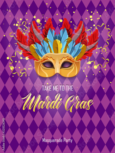 Vector colorful poster to traditional carnival Mardi Gras in New Orleans with mask, harlequin, fireworks, lights, and parade