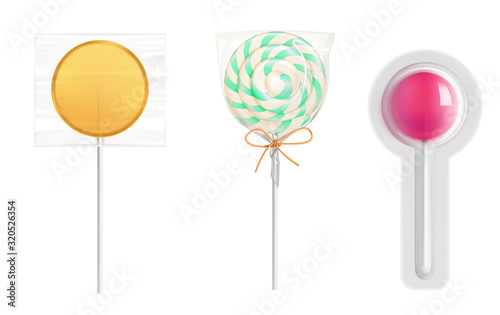 Lollipop candies in transparent plastic pack isolated on white background