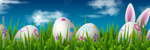 Vector Easter banner with painted eggs, green grass and cute rabbit ears. Sky with clouds background, copy space. Spring holiday design.