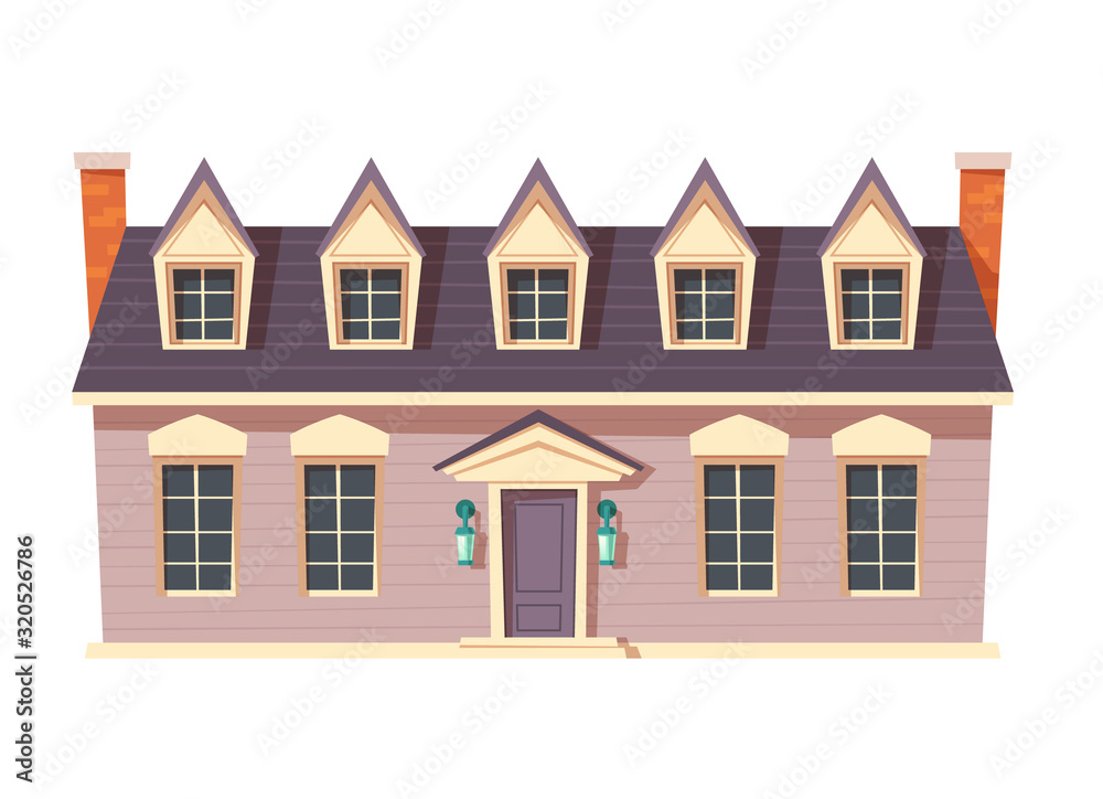 Urban retro colonial style building cartoon vector illustration. Old wooden residential and government buildings, Victorian houses isolated on white background