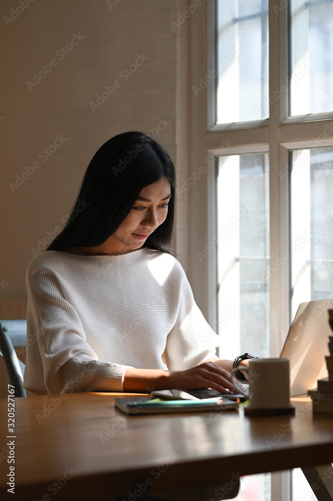Portrait shot asian woman using her laptop computer on library table. Portrait shot asian woman using her laptop computer on library table.