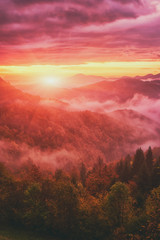 Fotobehang Roze Mistige zonsopgang in Sloveense Alpen  © larauhryn