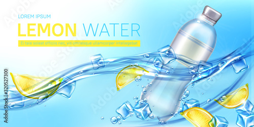 Lemon water ad banner, blank bottle with drink and yellow citrus slices floating in aqua with ice cubes and splashes, advertisement campaign, beverage promo background Realistic 3d vector illustration