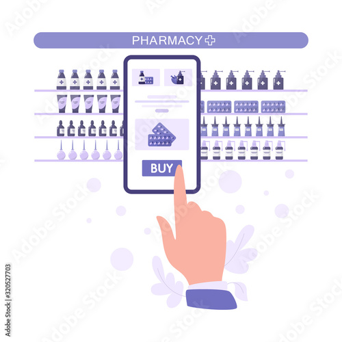 Vector illustration of online pharmacy store. Purchasing medicines